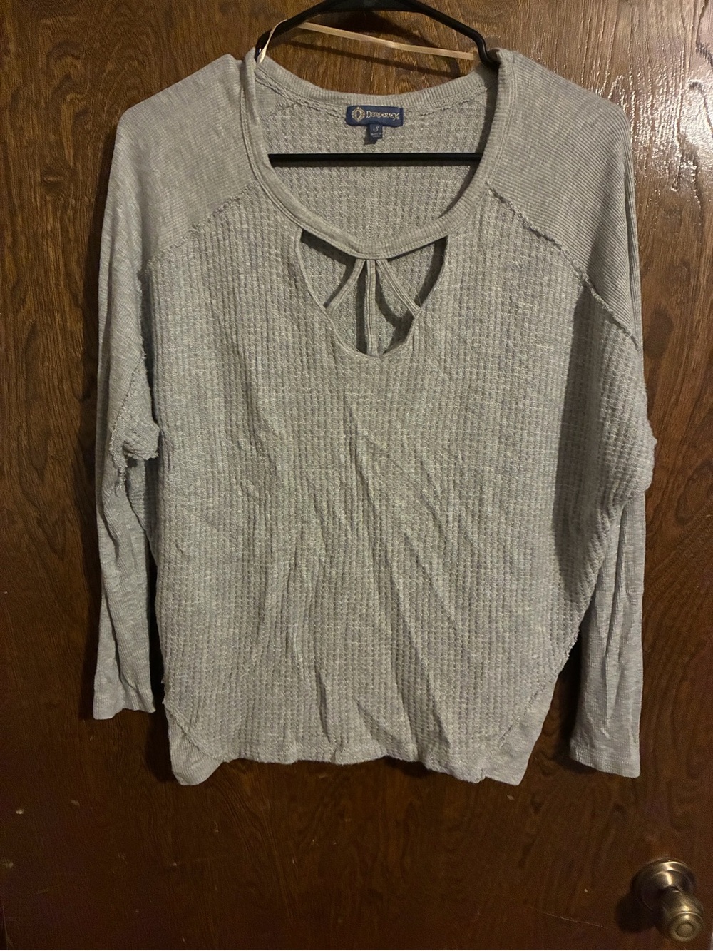 Democracy Light Gray Waffle Knit Long Sleeve Top with Tie Keyhole